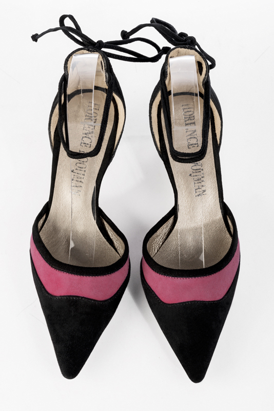 Matt black and shocking pink women's open side shoes, with lace straps. Pointed toe. Medium comma heels. Top view - Florence KOOIJMAN